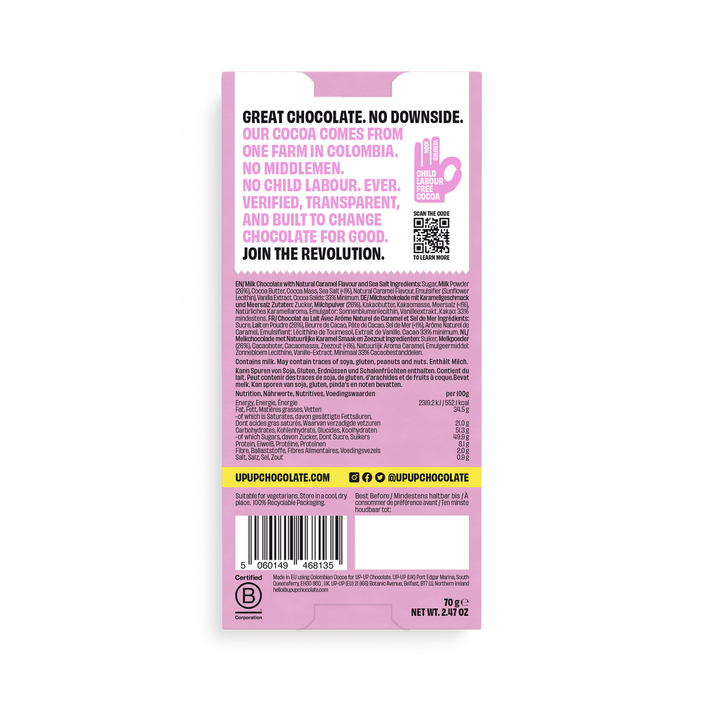 UP-UP Salted Caramel Milk Chocolate 70g, back of pack with ingredients