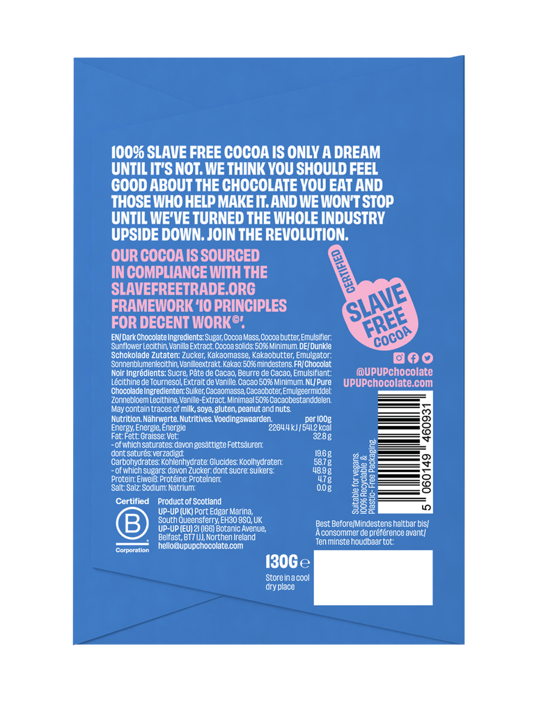 UP-UP Original Dark Chocolate 120g, back of pack with ingredients