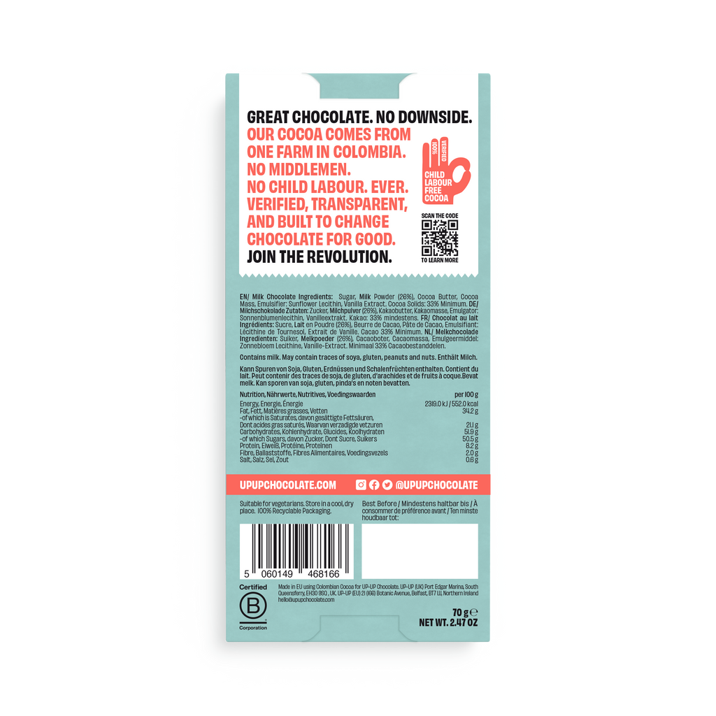 UP-UP Original Milk Chocolate 70g, back of pack with ingredients
