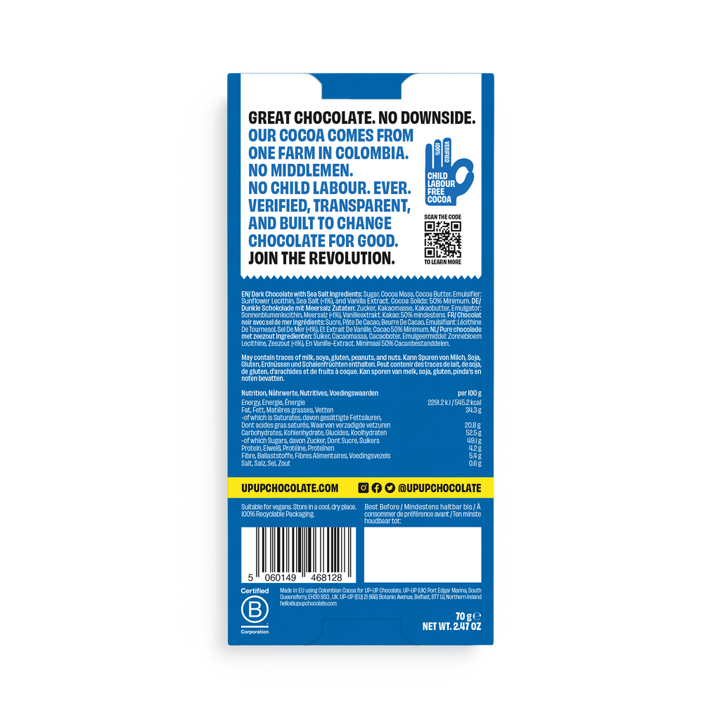UP-UP Dark Sea Salt Dark Chocolate 70g, back of pack with ingredients