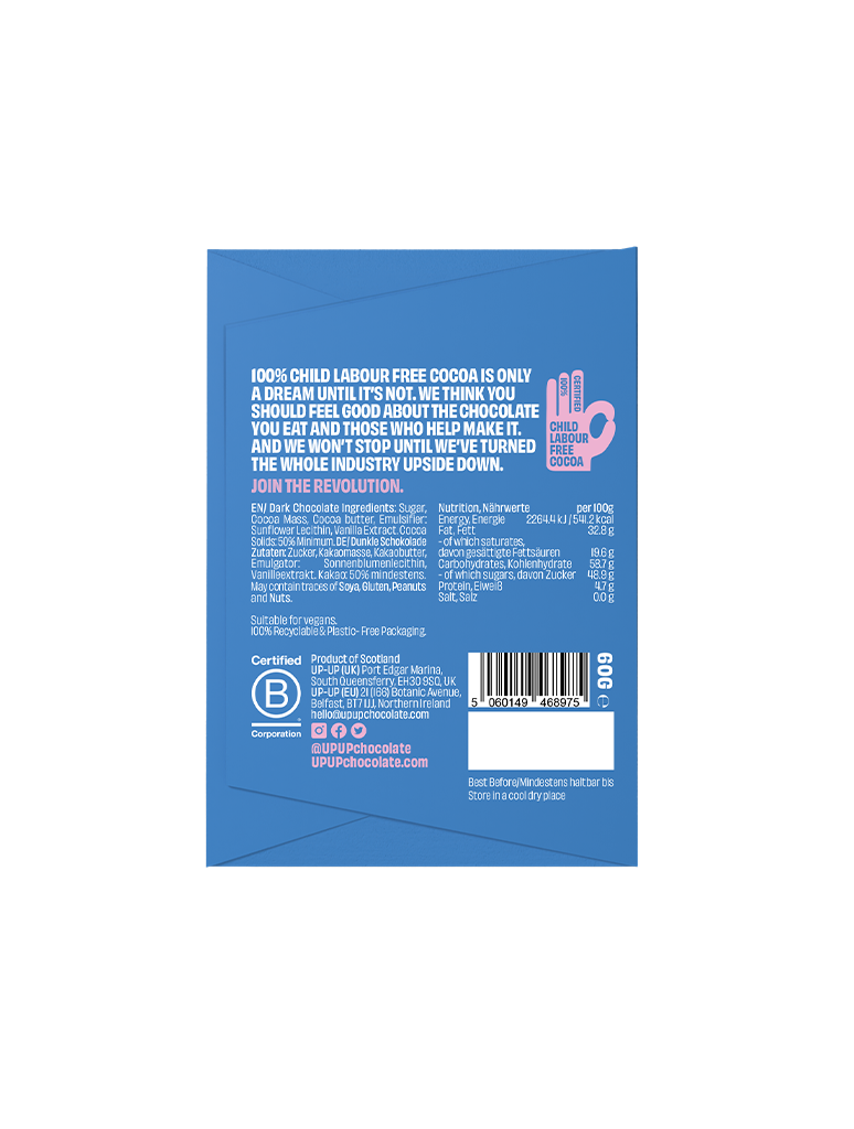 UP-UP Original Dark Chocolate 60g, back of pack with ingredients