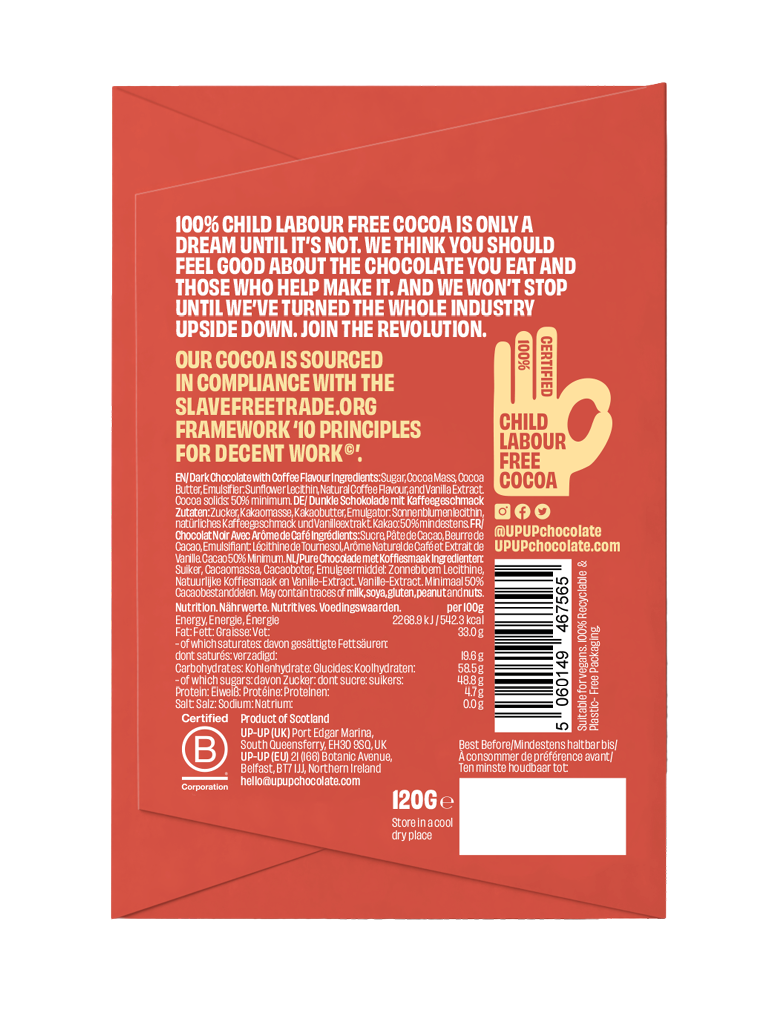UP-UP Dark Espresso Dark Chocolate 120g, back of pack with ingredients