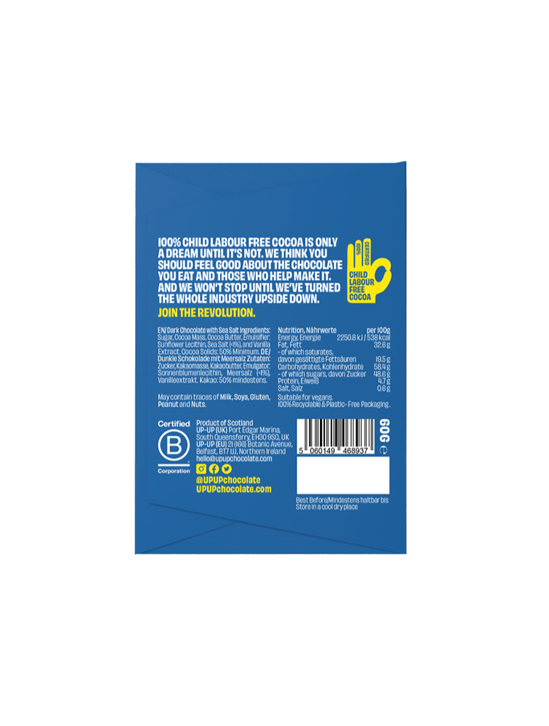 UP-UP Dark Sea Salt Dark Chocolate 60g, back of pack with ingredients