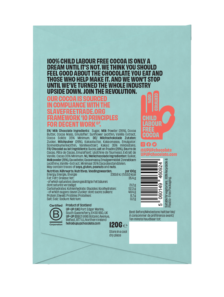 UP-UP Original Milk Chocolate 120g, back of pack with ingredients
