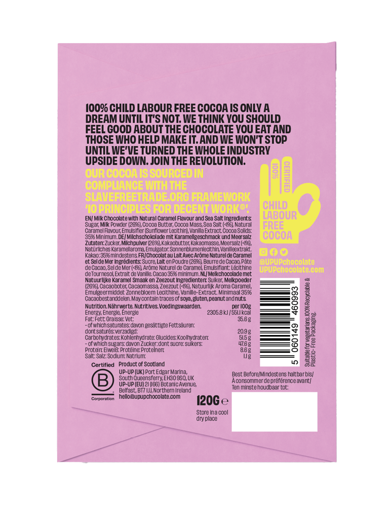 UP-UP Salted Caramel Milk Chocolate 120g, back of pack with ingredients