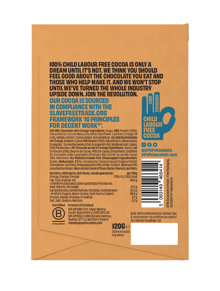 UP-UP Sweet Orange Milk Chocolate 120g, back of pack with ingredients