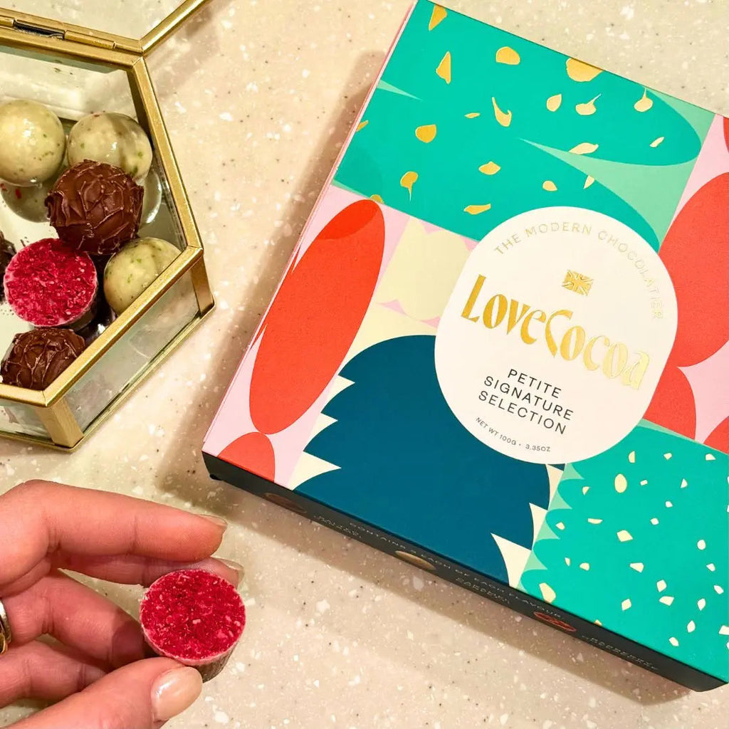 Love Cocoa Petite Signature Selection Box, gift box with truffles in a glass dish