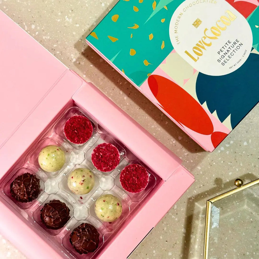 Love Cocoa Petite Signature Selection Box, open gift box of nine truffles