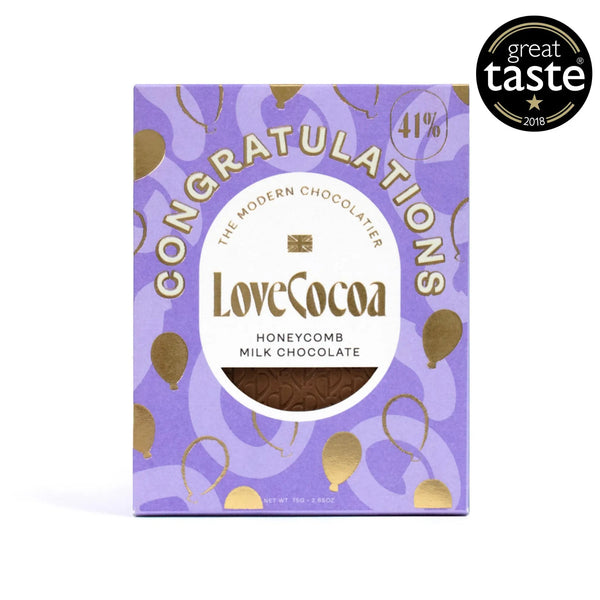 Love Cocoa Congratulations Honeycomb Milk Chocolate Bar, front of Congratulations pack with Great Taste award badge