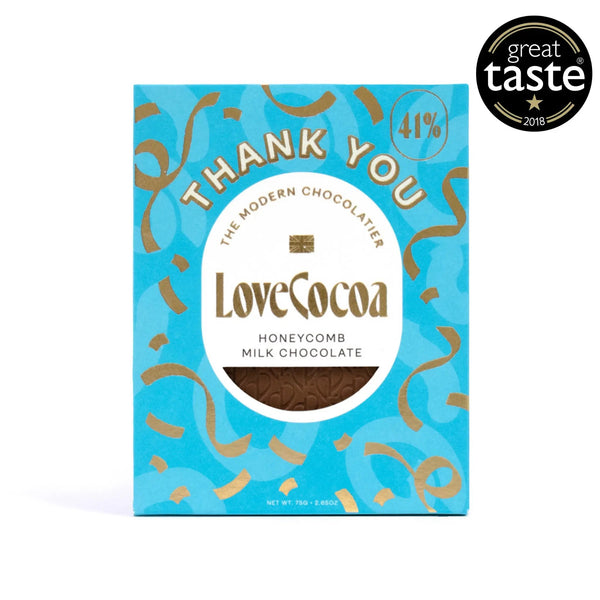 Love Cocoa Thank You Honeycomb Milk Chocolate Bar, front of Thank You pack with Great Taste award badge