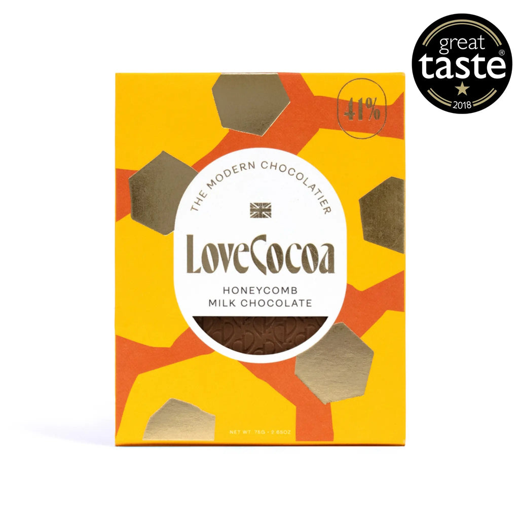 Love Cocoa Honeycomb 41% Milk Chocolate Bar, front of pack with Great Taste award badge