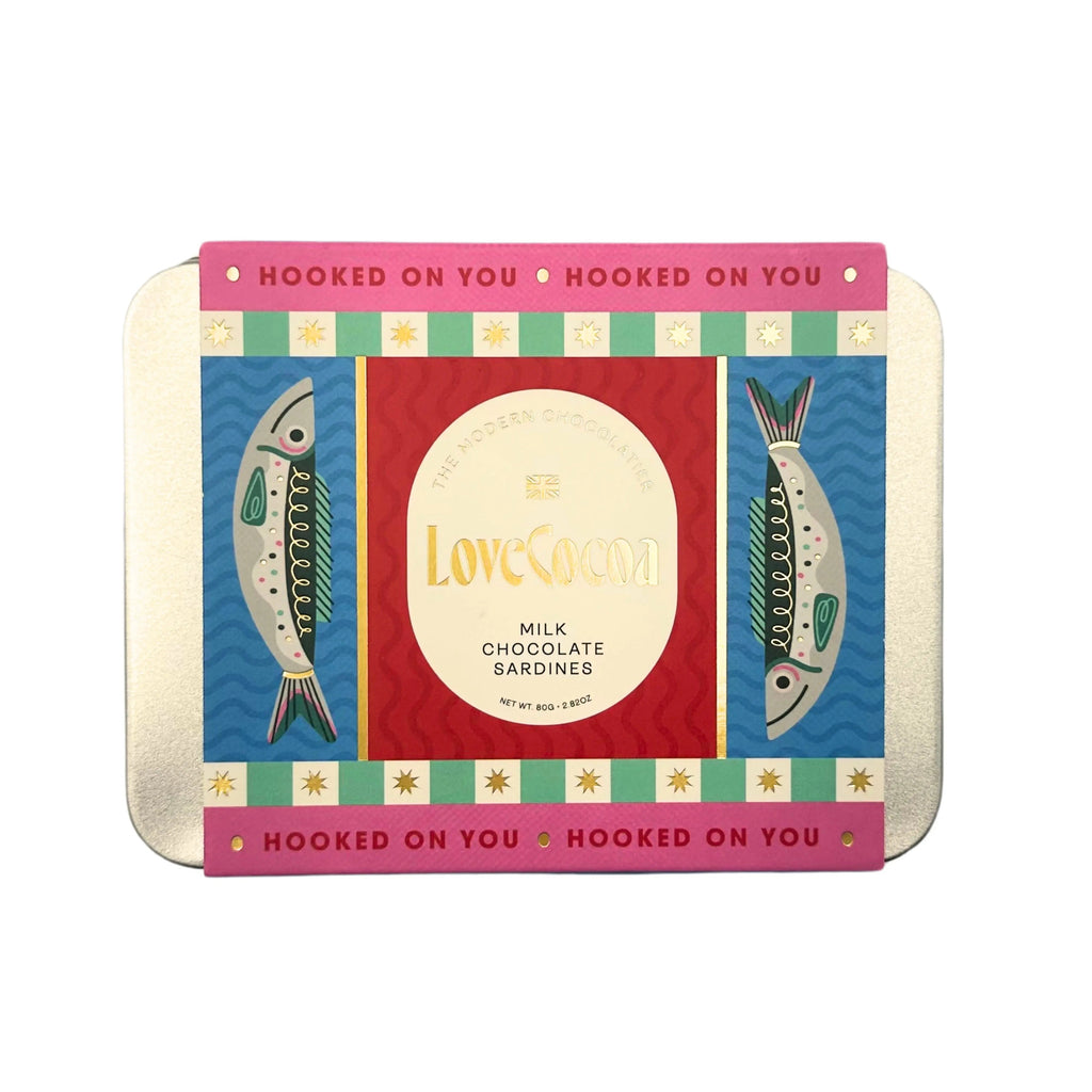 Love Cocoa Milk Chocolate Sardines Tin, front of sardine-style tin