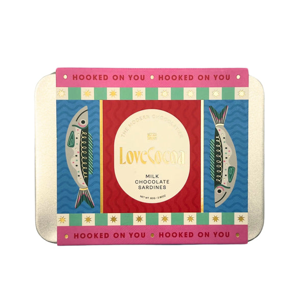 Love Cocoa Milk Chocolate Sardines Tin, front of sardine-style tin