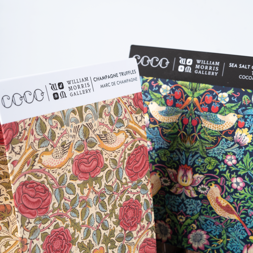 COCO William Morris Marc de Champagne Truffles, close-up of William Morris patterned truffle boxes