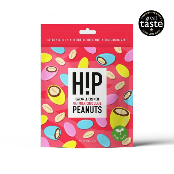 H!P Caramel Crunch Chocolate Peanuts, front of sharing pouch with Great Taste award badge