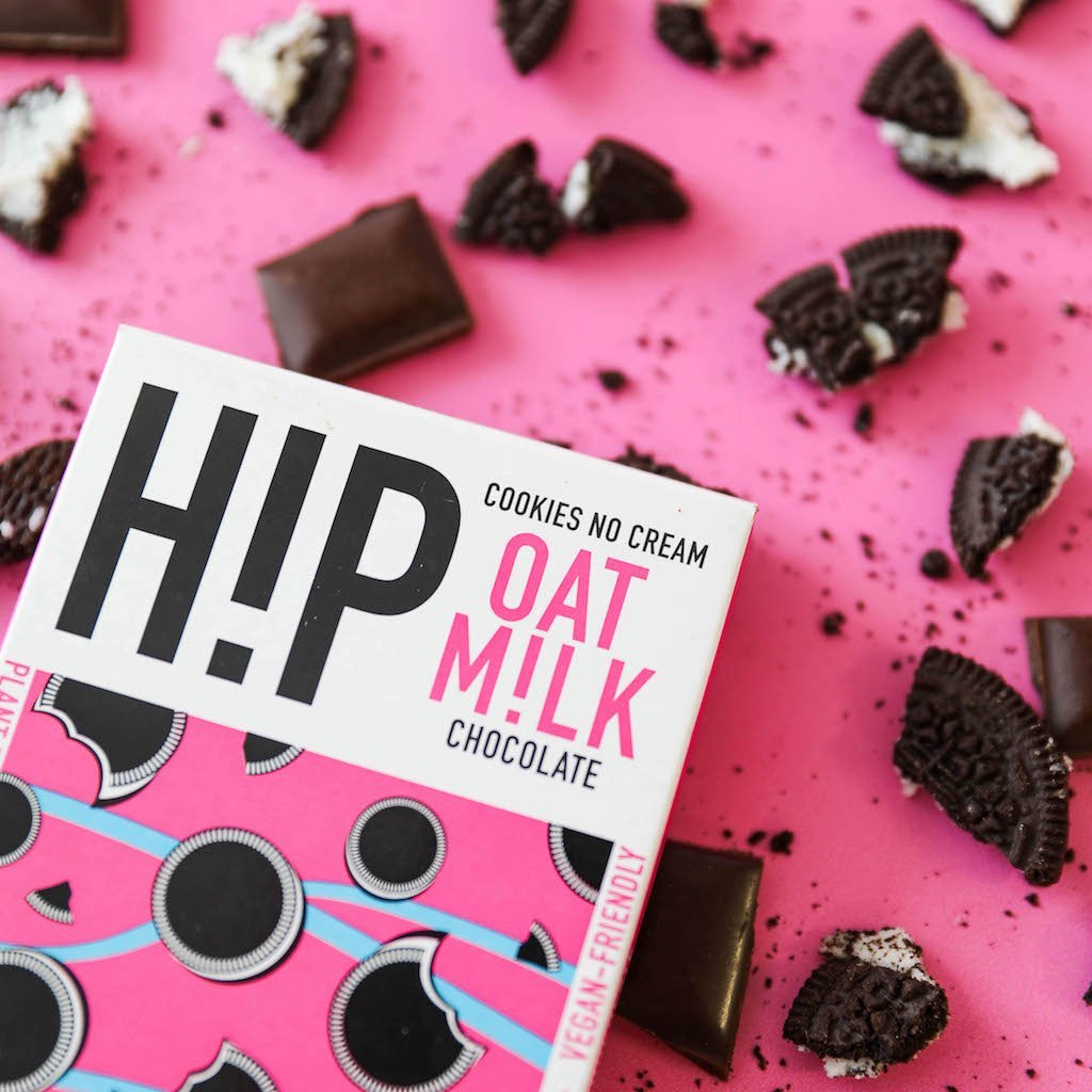 H!P Cookies NO Cream Oat M!lk Chocolate bar, close-up of wrapper with cookie pieces