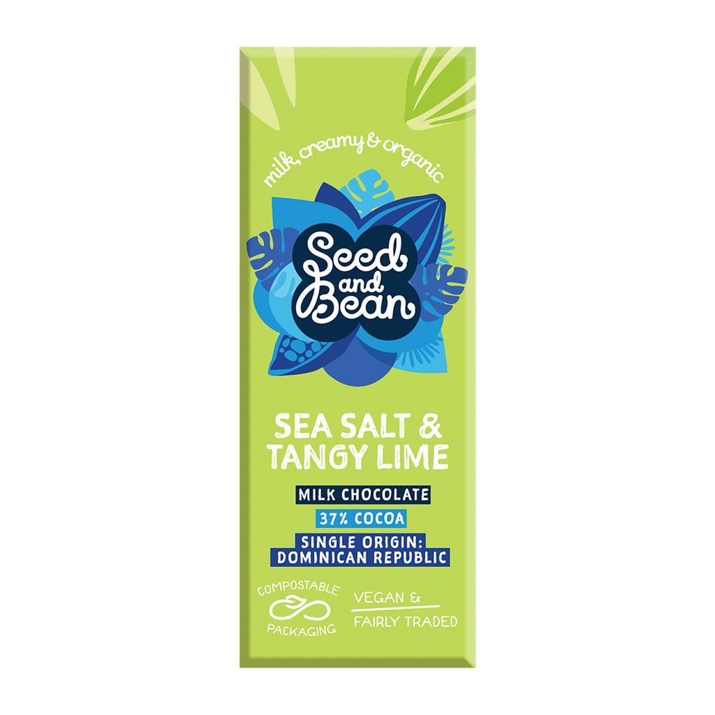 Seed & Bean Cornish Sea Salt & Lime milk chocolate mini bar 25g, front of pack