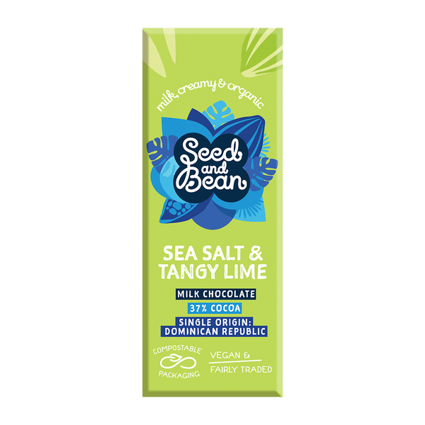Seed & Bean Cornish Sea Salt & Lime milk chocolate mini bar 25g, front of pack