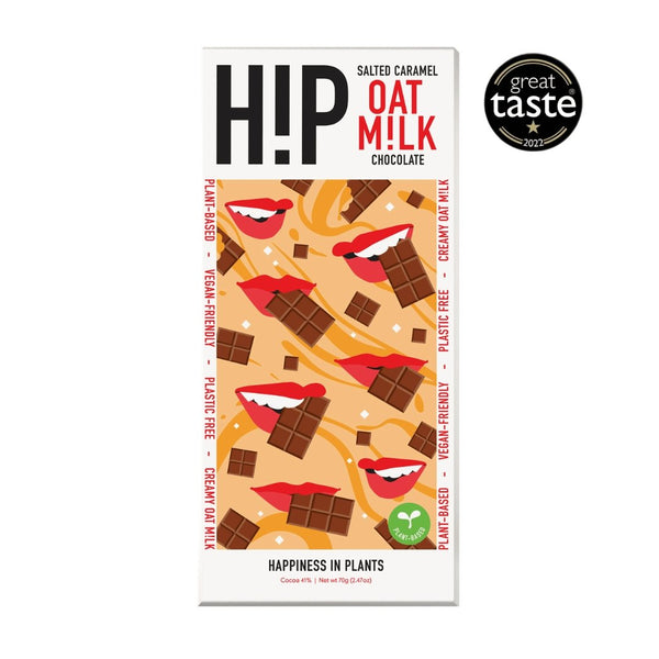 H!P Salted Caramel Oat M!lk Chocolate bar, front of wrapper with Great Taste award badge