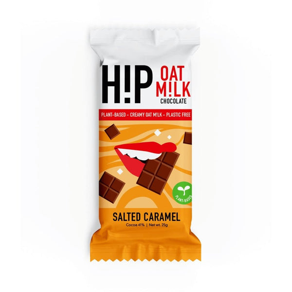 H!P Salted Caramel Oat M!lk Chocolate mini bar, front of wrapper
