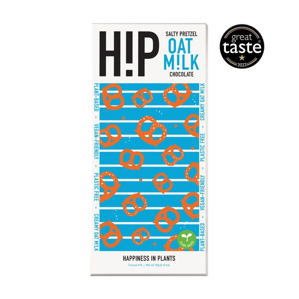 H!P Salty Pretzel Oat M!lk Chocolate bar, front of wrapper with Great Taste award badge