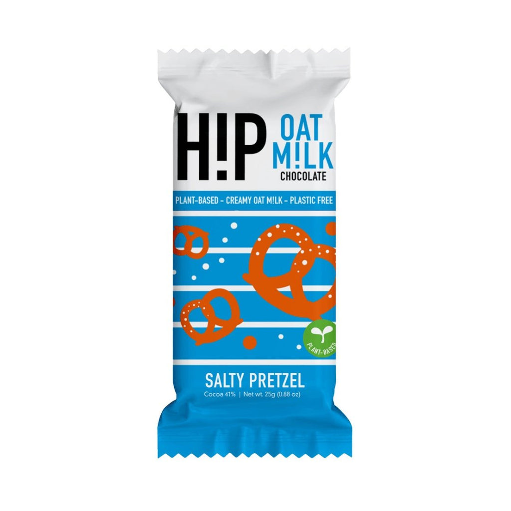 H!P Salty Pretzel Oat M!lk Chocolate mini bar, front of wrapper