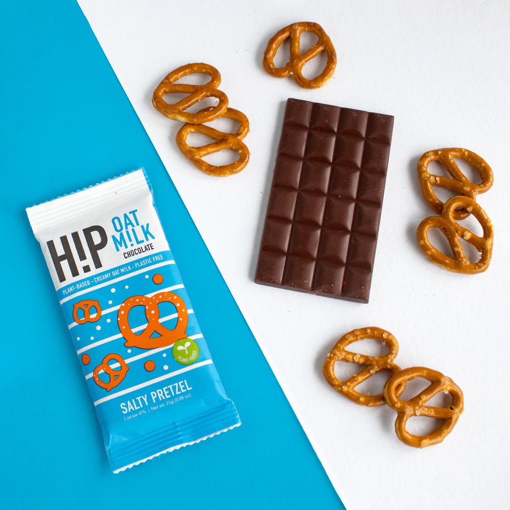 H!P Salty Pretzel Oat M!lk Chocolate mini bar, wrapper with a bar and pretzels